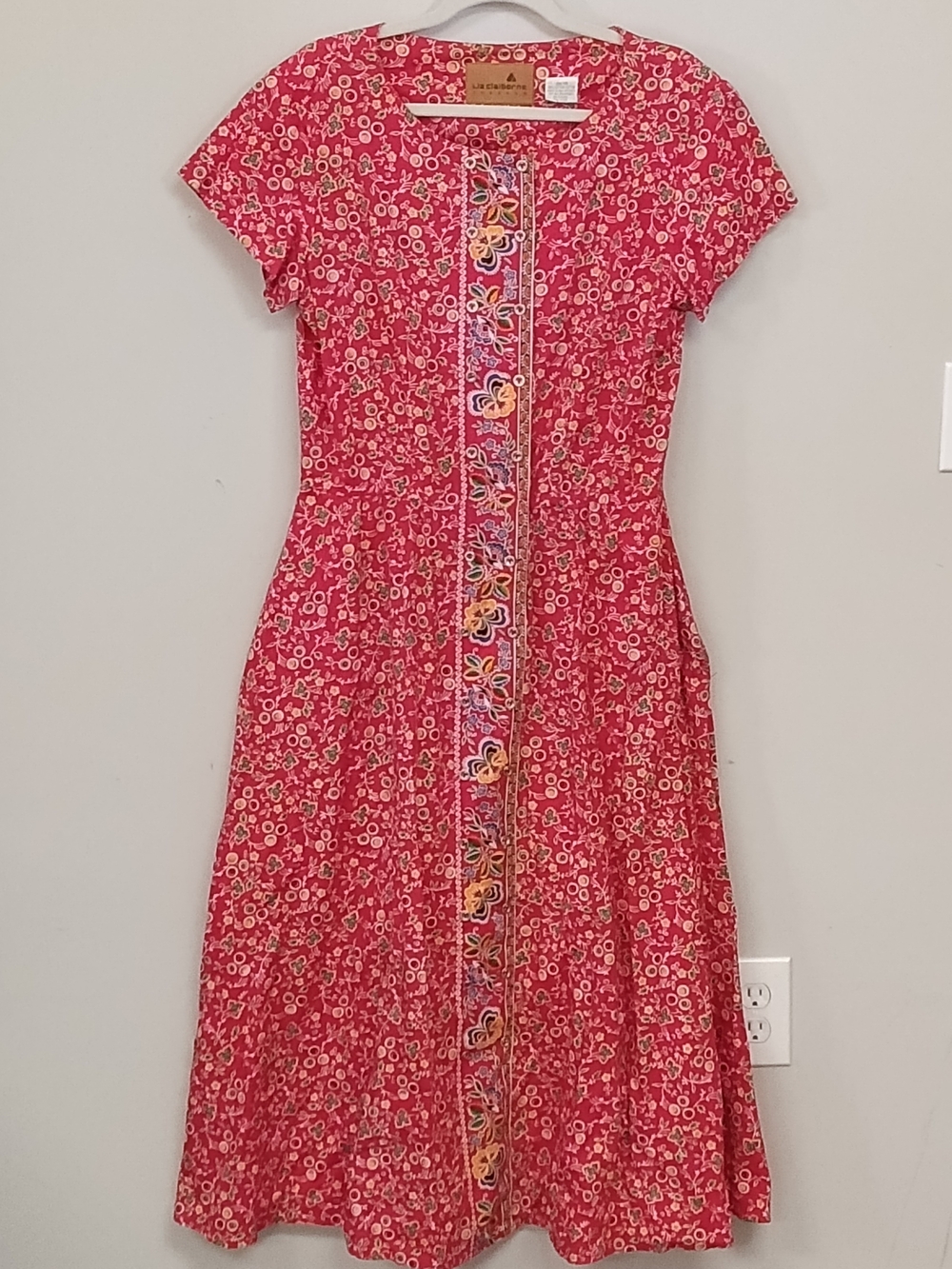 Vintage Liz Claiborne Floral Red Button Front Cotton Maxi Dress 14 Cottagecore